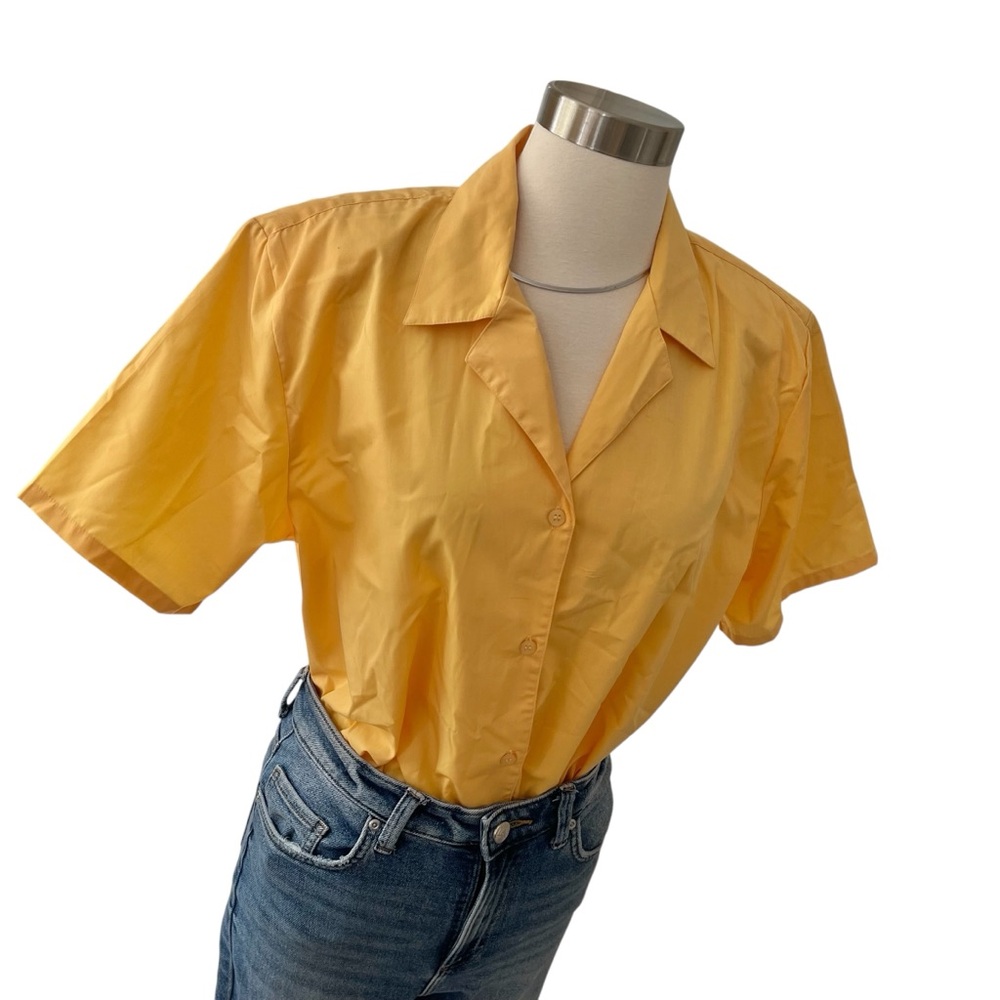 Vintage yellow button up blouse cotton blend short sleeve shoulder pads 12